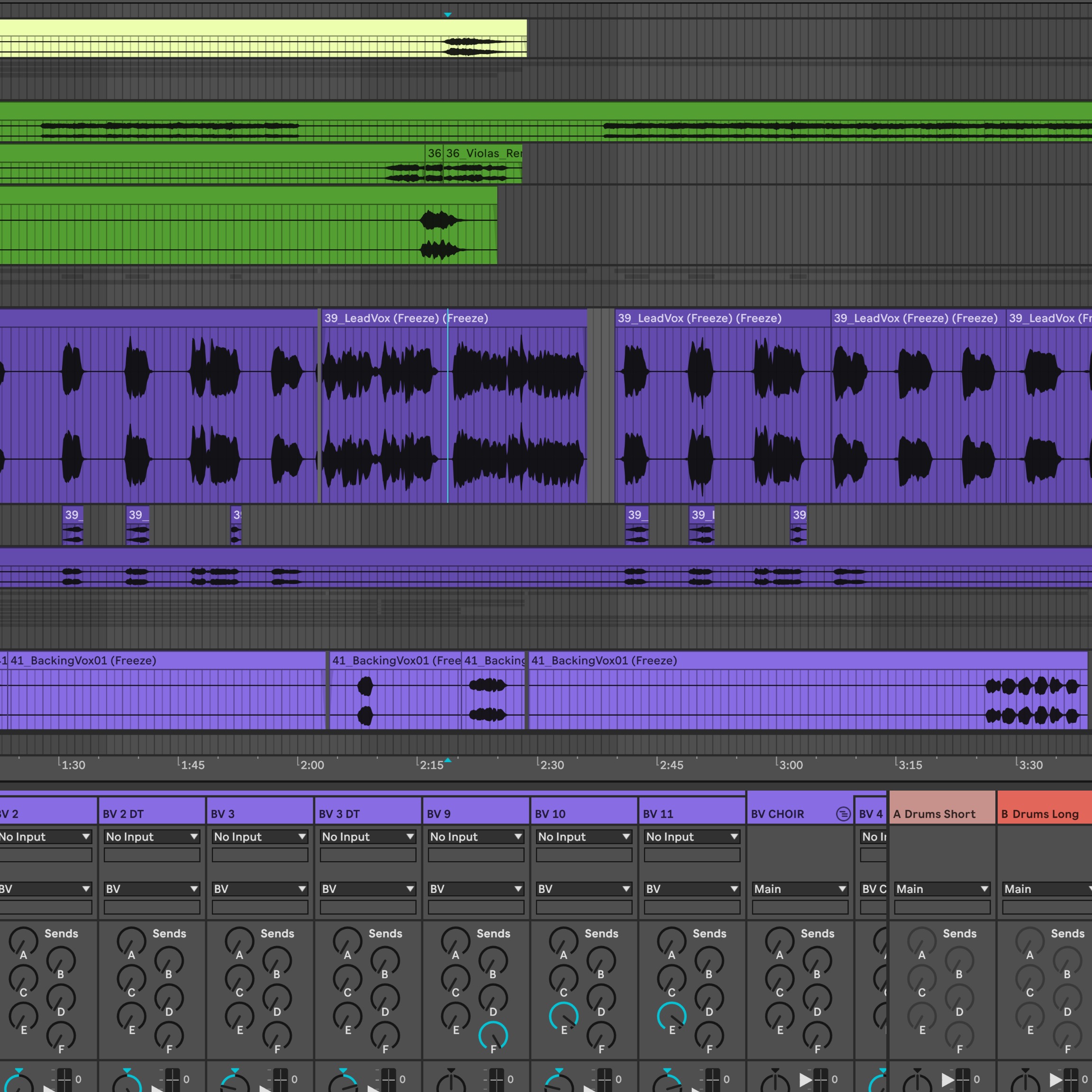 A close-up view of a digital audio workstation (DAW) interface, focusing on the mixing console section with various plugins and faders. The lighting is focused on the screen, highlighting the details of the interface. Color palette: deep blues and greens with accents of vibrant colors. 4K resolution.